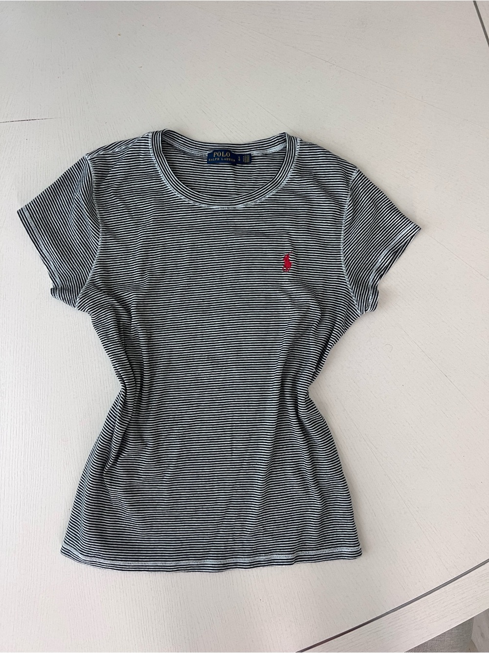 Polo by Ralph Lauren Women's Navy and White Striped Crew Tee with Red Pony - Picture 5 of 5
